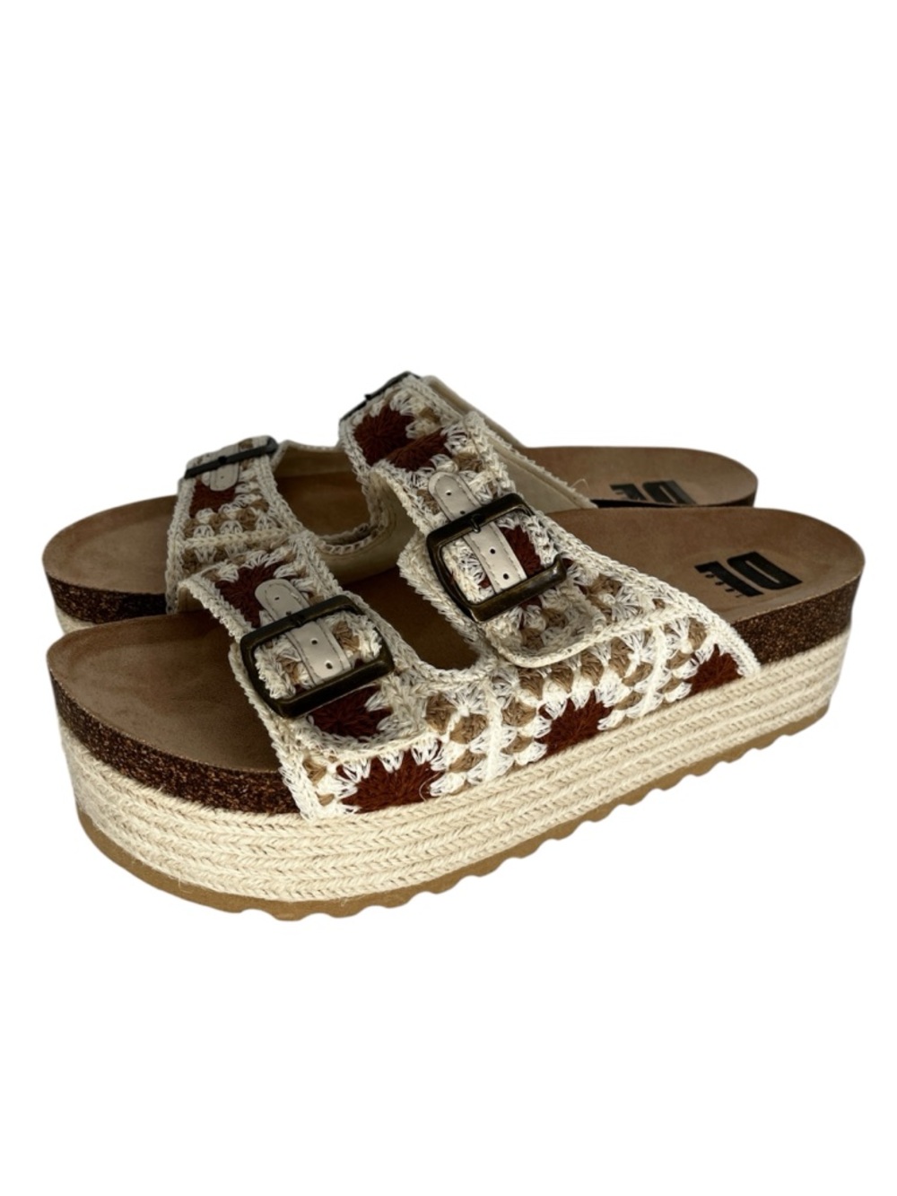 Dirty Laundry Crochet Dual-Buckle Platform Sandals in Cream and Brown